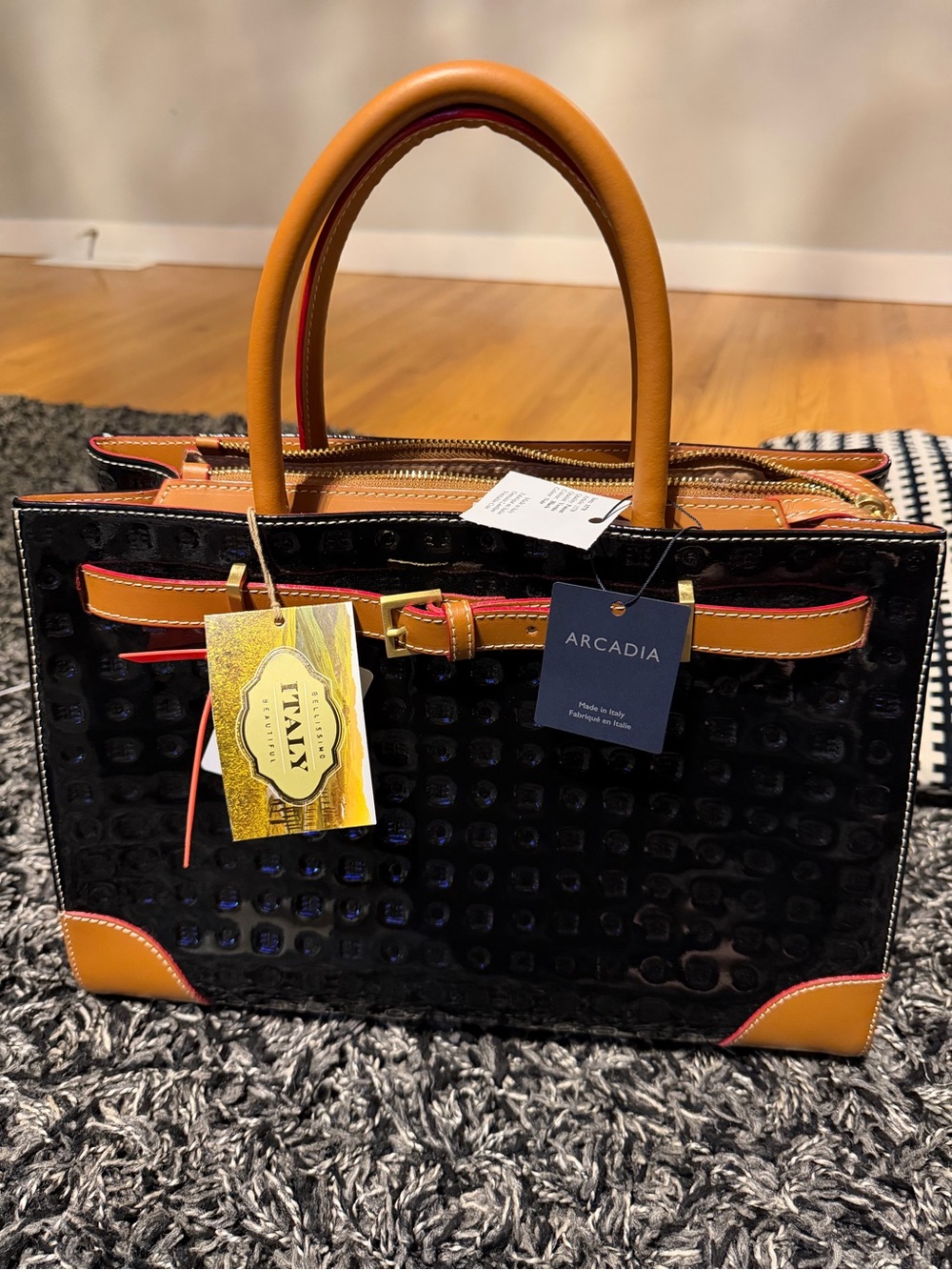 Arcadia Black Patent Satchel with Tan Trim
